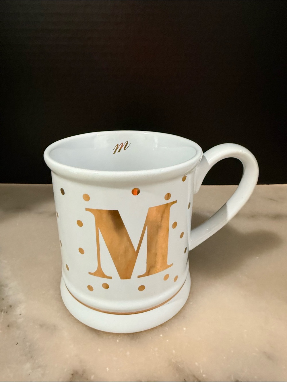 Pier 1 Imports Coffee Mug Tea Cup Personalized “E” White Mug W/Gold Polka Dots